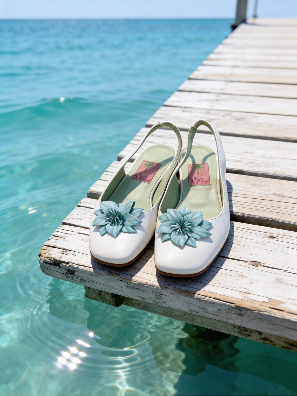 Lilly Pulitzer White Slingback Flats with Aqua Floral Accent